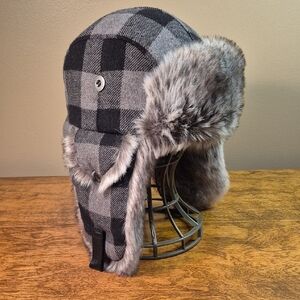 KLIM Plaid Pattern Muffler Hat with Faux Fur Detail and Ear Flaps